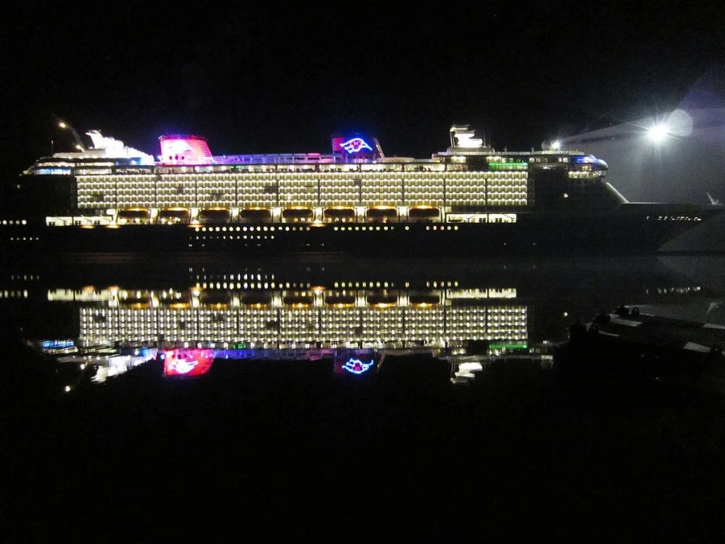 The Disney Fantasy at night (Wikimedia Commons image)