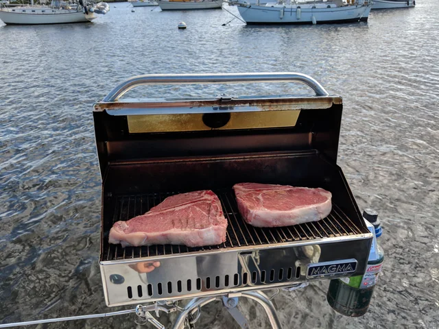 The rail-mounted grill ready for dinner