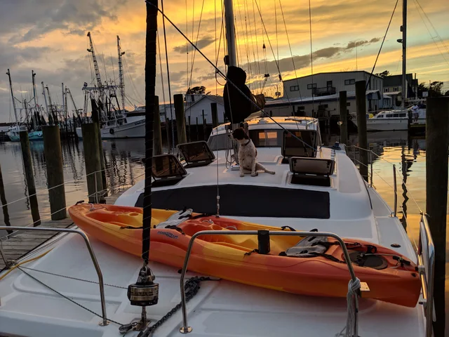 Mavis at the dock at sunset