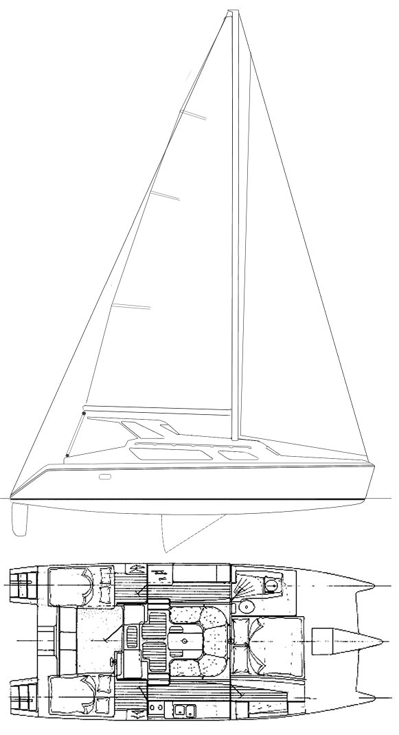 Gemini 105Mc sail profile and standard plan showing a forward master cabin, two aft cabins, central saloon, starboard galley and port head